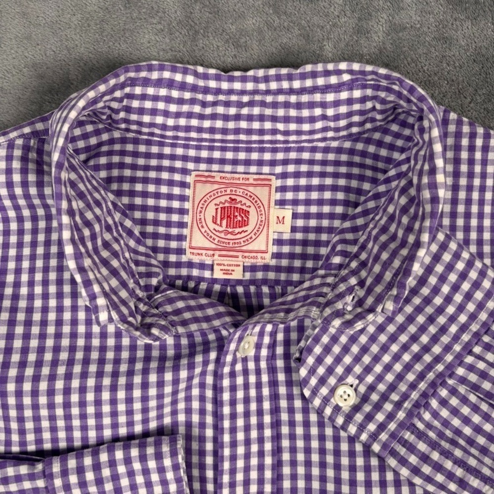 J Press Button Down Shirt Mens Medium Purple Gingham Check Cotton Long Sleeve - Picture 12 of 16